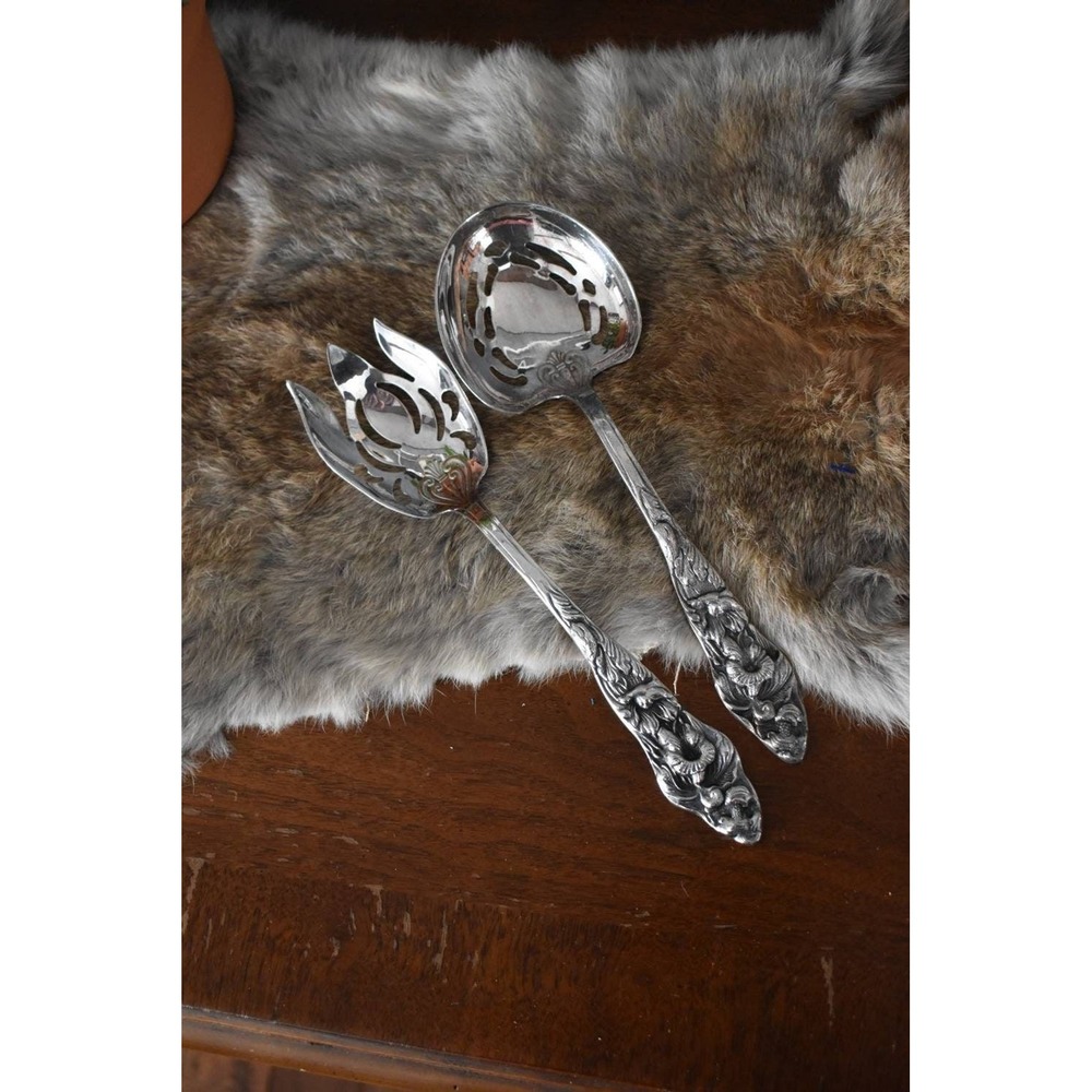 Crown William Adam Towle WA Italy Salad Spoon Fork Set ornate handle‎